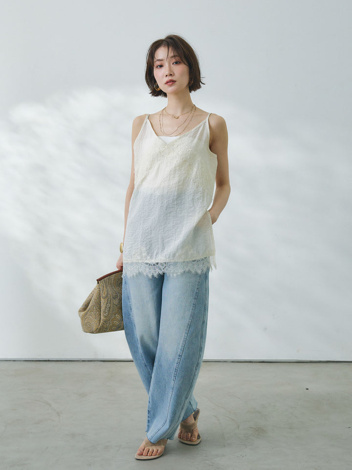 【Allure】[SET]リネンタッチレース切替キャミソール+ウエストフリンジカットオフカーブデニムパンツ(2set)