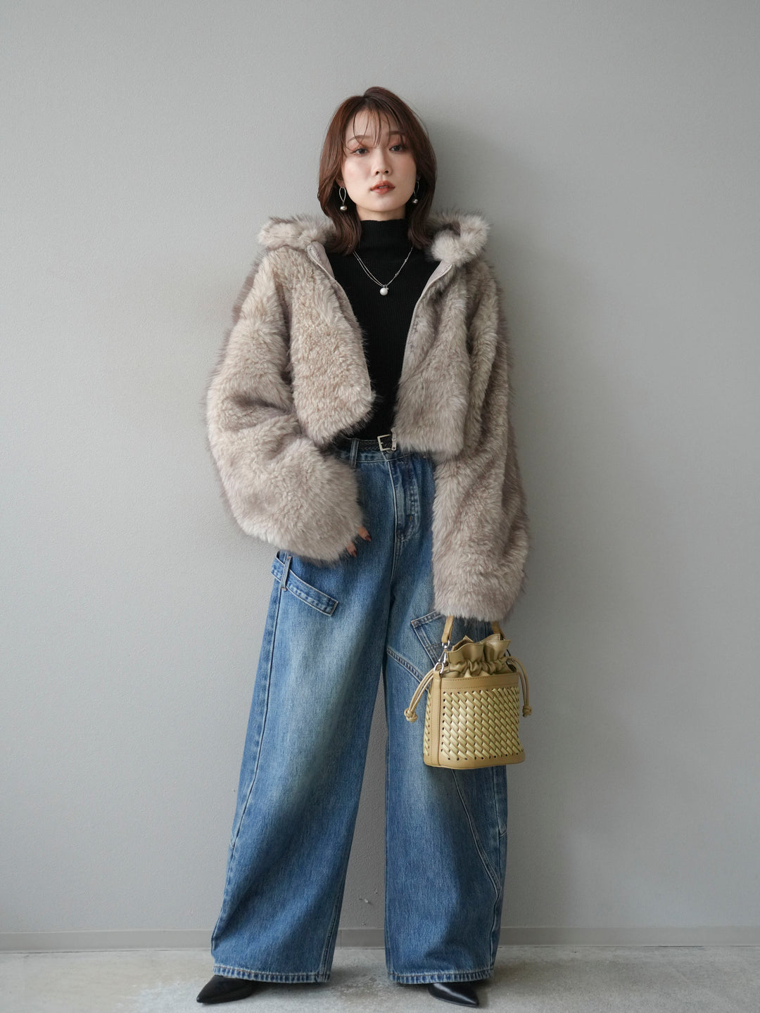 [予約]フェイクファーショートZIPジャケット/beigemix