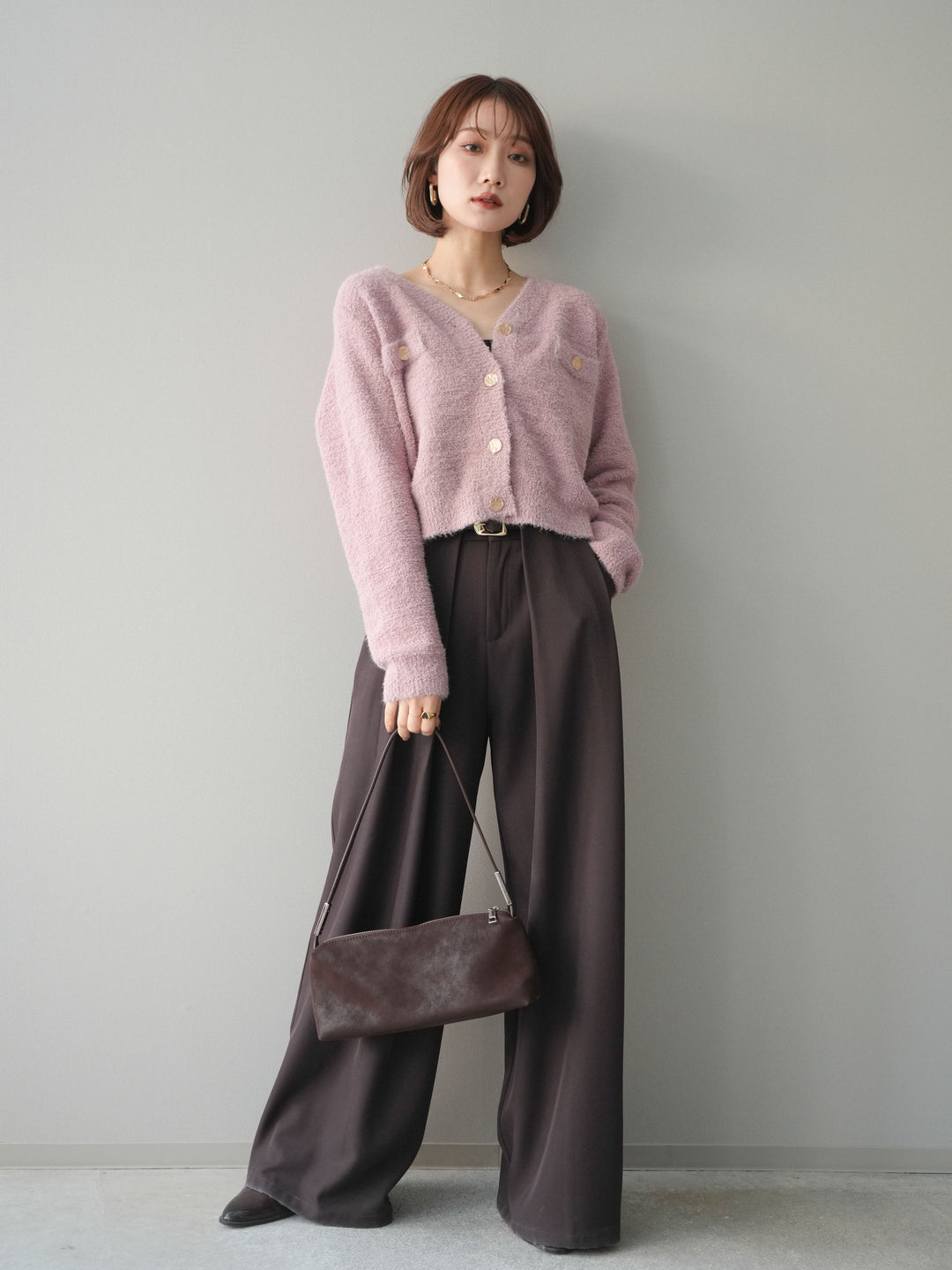 [SET]ゴールドボタンモールニットカーディガン+ベルトループデザインワイドパンツ(2set)
