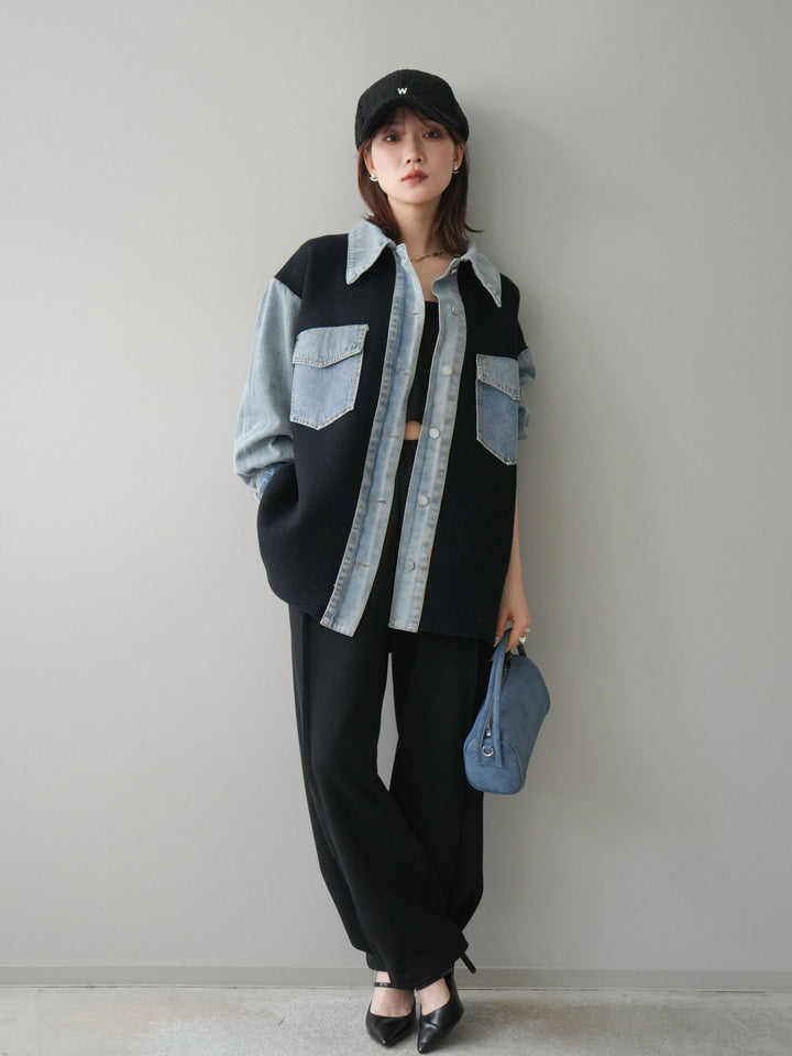 [予約]デニム襟ダブルフェイスニットカーディガン/black