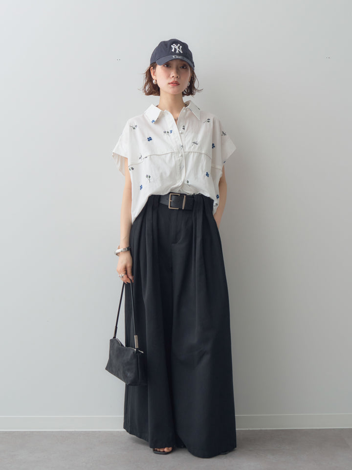 【套裝】花卉刺繡燈籠無袖襯衫+腰帶設計環扣闊腿褲（兩件套）