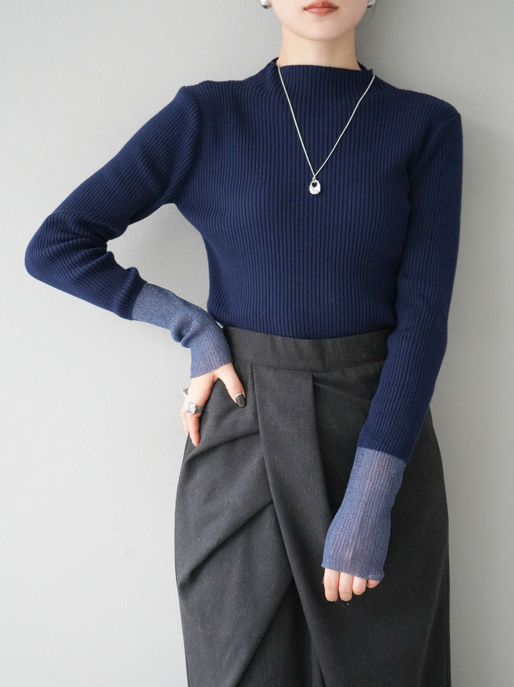 [予約]袖ラメシアー切替リブニットトップス/ネイビー