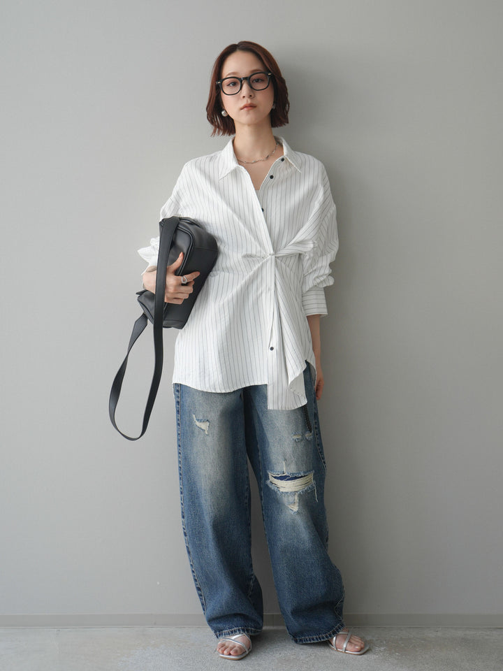 【套裝】雙向裹身條紋襯衫+破洞牛仔半闊腿褲（兩件套）