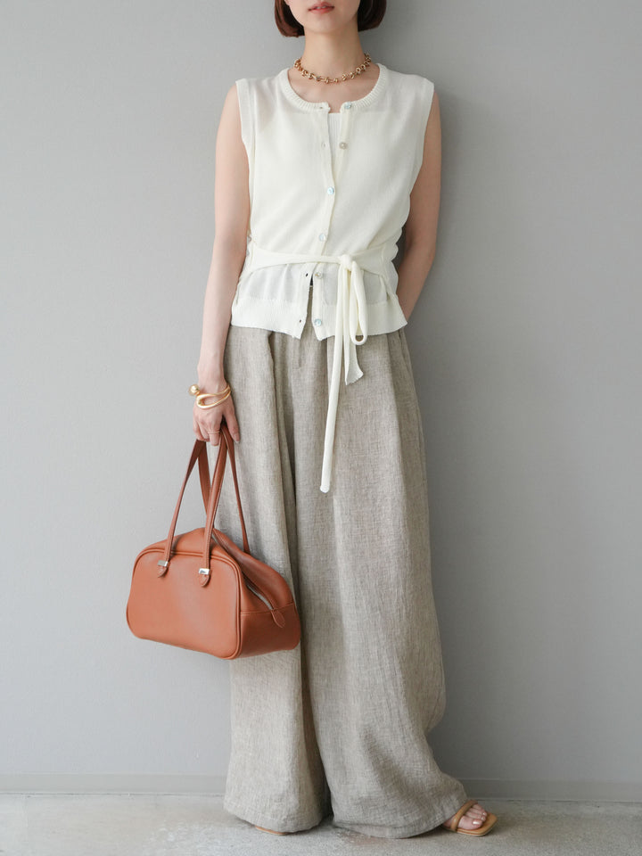 [予約]リネンライクベルト付タックループワイドパンツ/ベージュ
