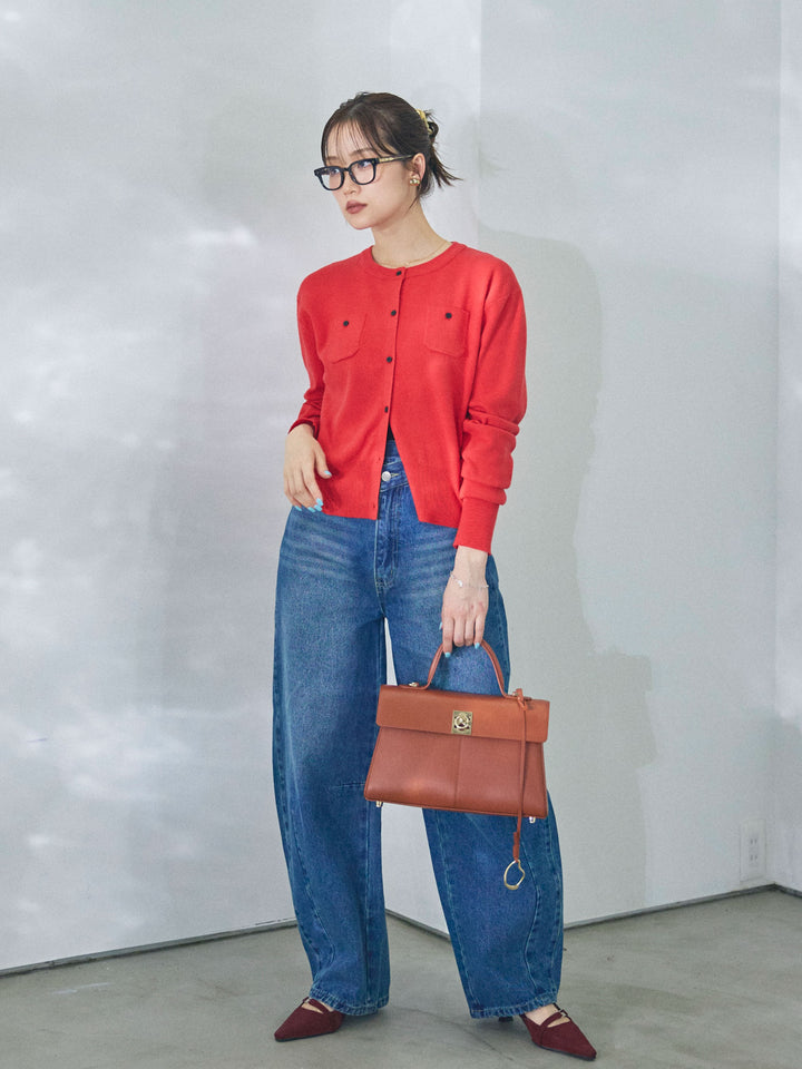 【Allure】[SET]ミニポケットニットカーディガン+アシメカーブデニムパンツ(2set)