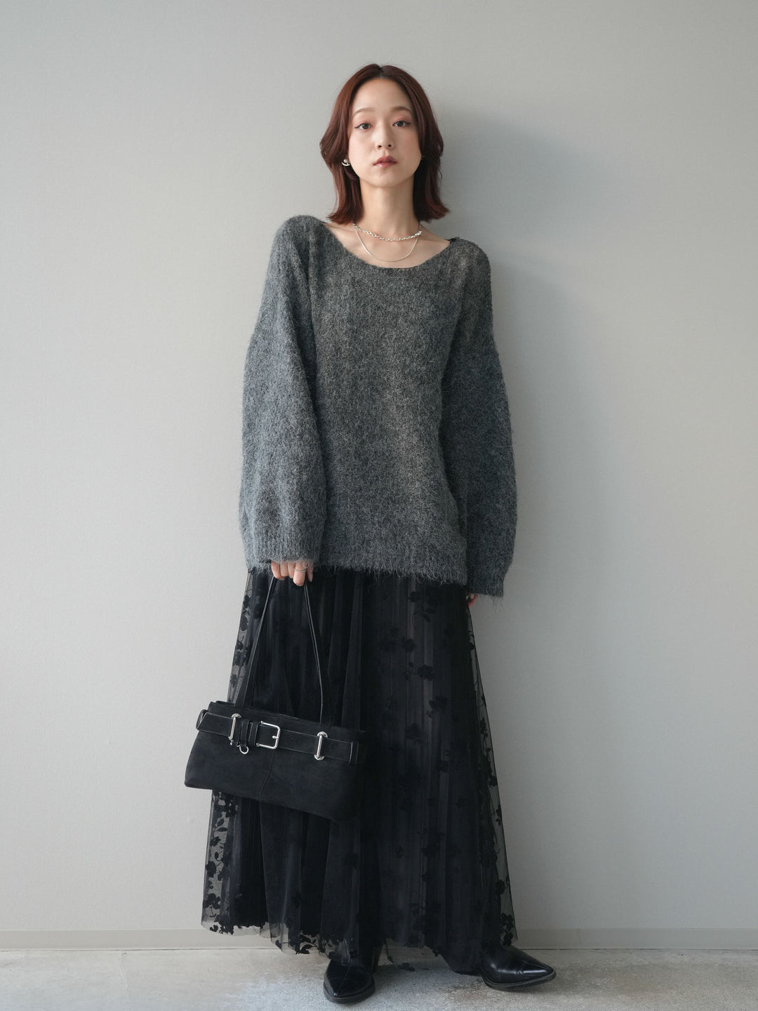 [SET]透かしデザインニットプルオーバー+フラワーフロッキーチュールプリーツスカート(2set)