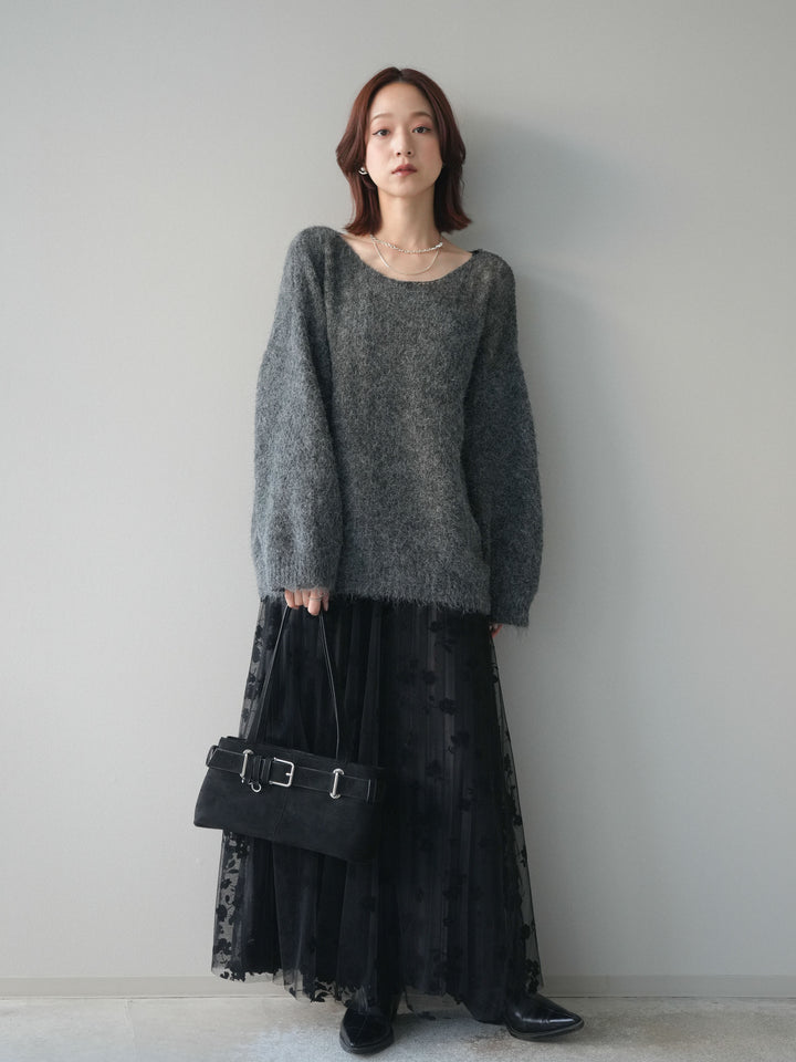 [SET]透かしデザインニットプルオーバー+フラワーフロッキーチュールプリーツスカート(2set)