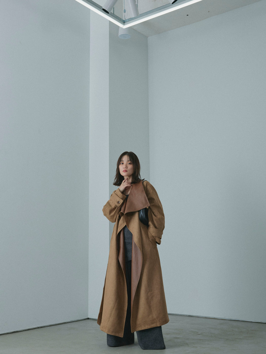 【Allure】[SET]ニットベアトップ＆ワイドパンツSET UP+レザーカラースウェードロングコート(2set)