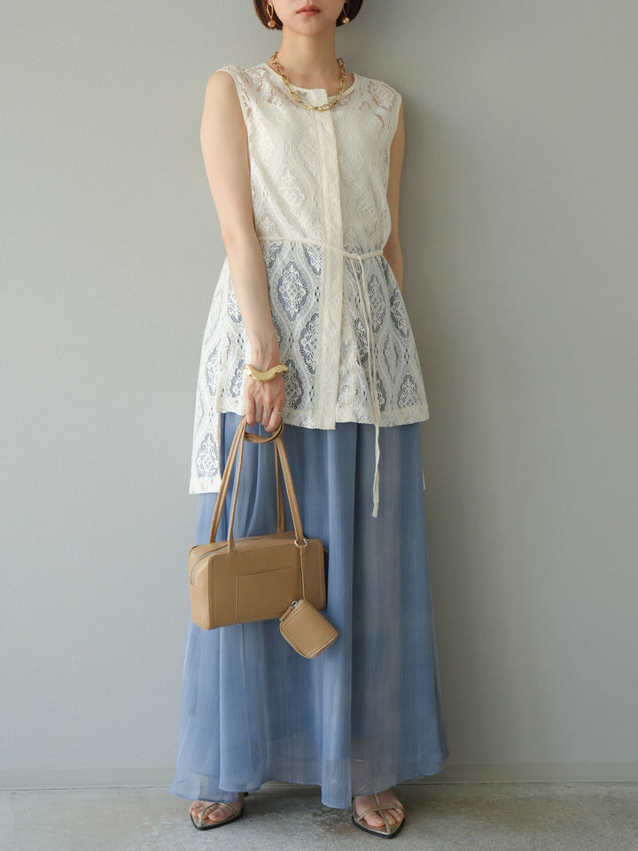[SET] 緞面滾邊蕾絲無袖上衣 + nuance 透視喇叭裙 (2 套)
