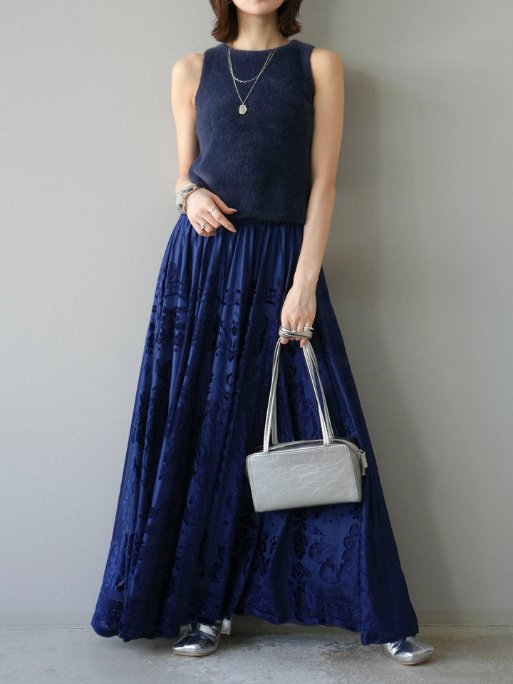 [予約]アンティーク柄フロッキーマキシスカート/ブルー
