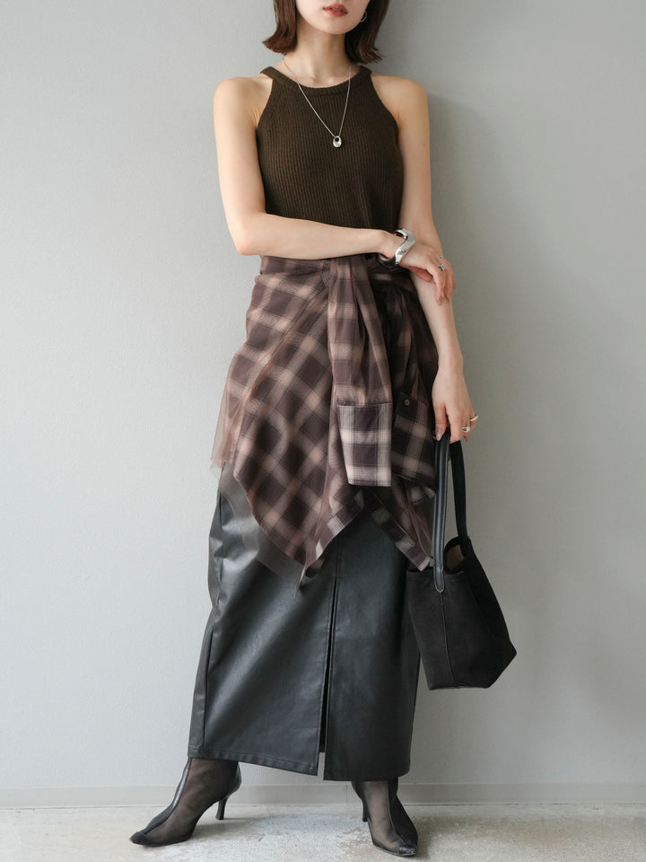 [予約]フェイクレザーフロントスリットスカート/ブラック