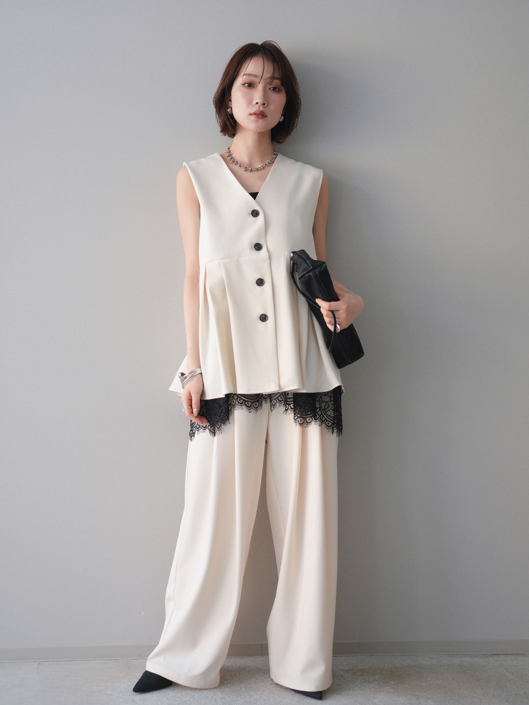 [予約]ウエストバイカラータックワイドパンツ/ivory