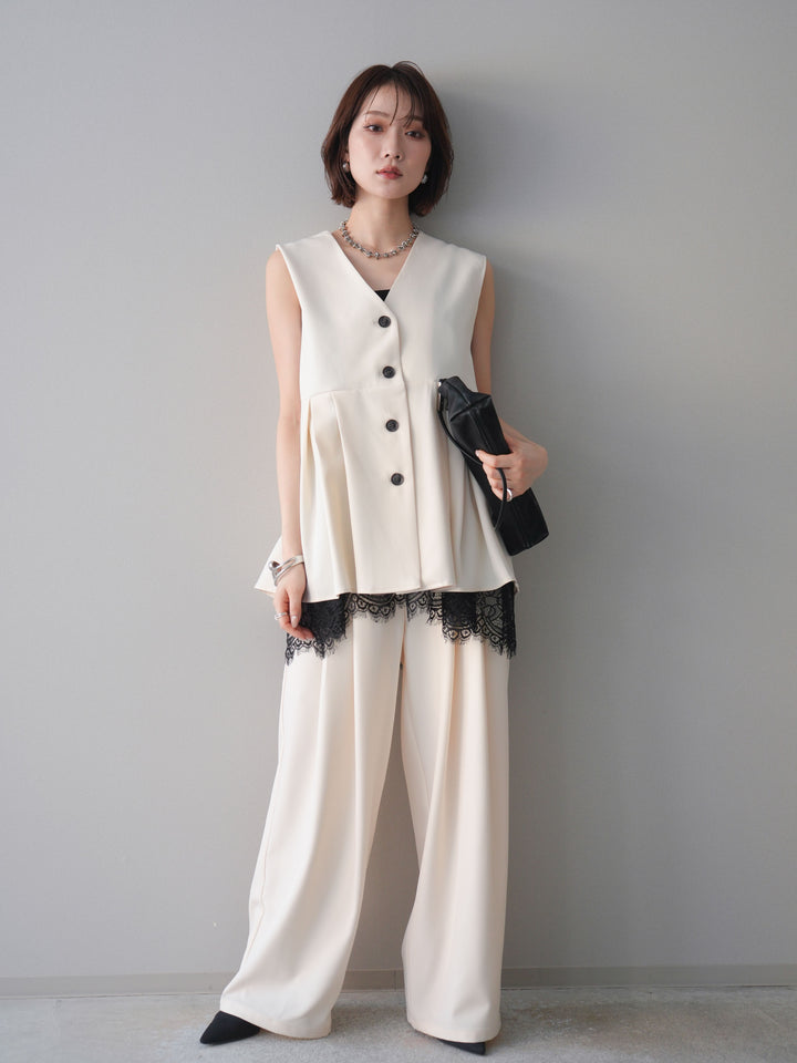 [予約]ウエストバイカラータックワイドパンツ/ivory
