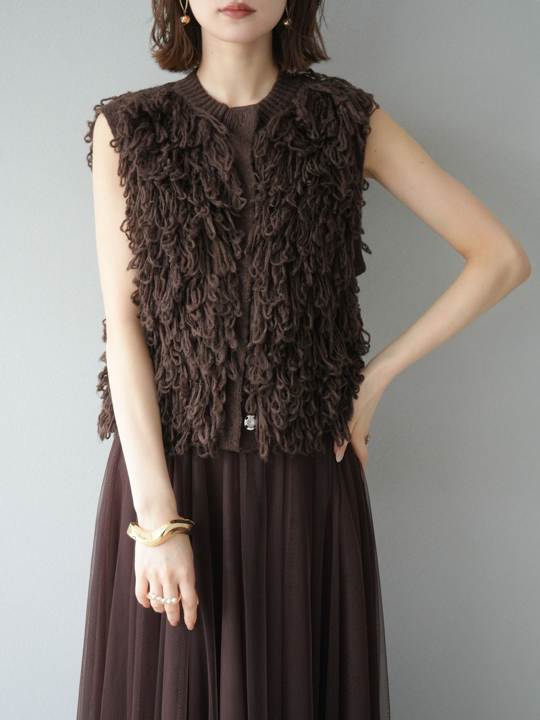 [予約]前開きループニットベスト/ブラウン