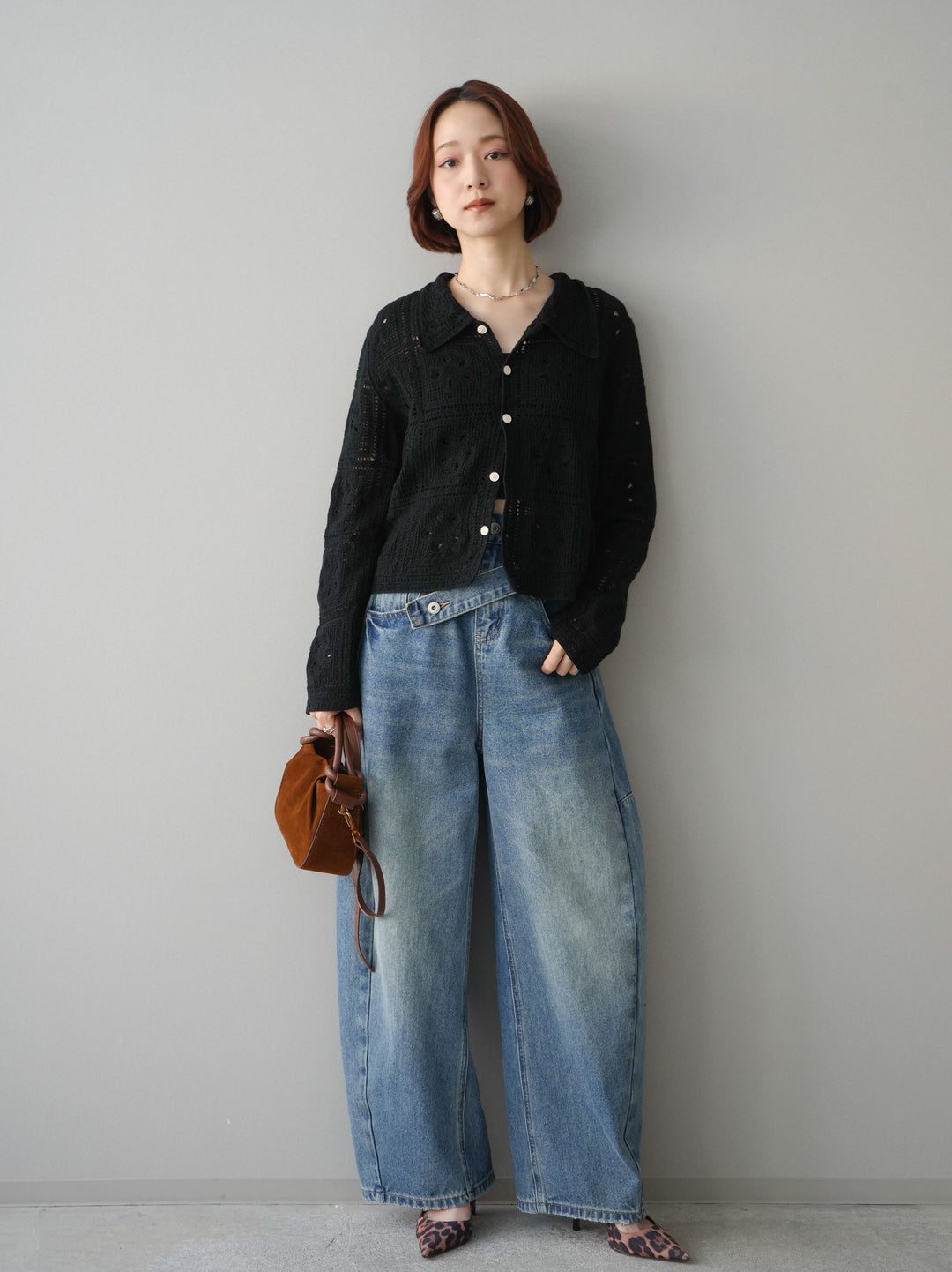 [SET]パッチワーククロシェニットカーディガン+アシメデザインワイドデニムパンツ(2set)