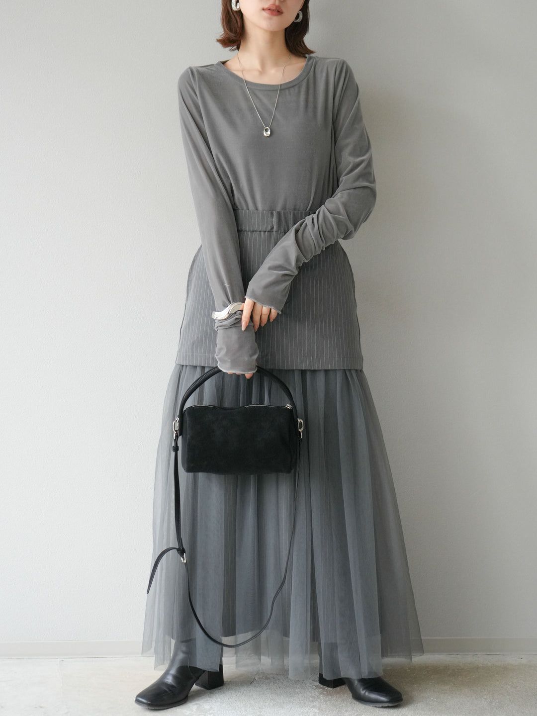 [予約]ストライプ切替チュールスカート/グレー