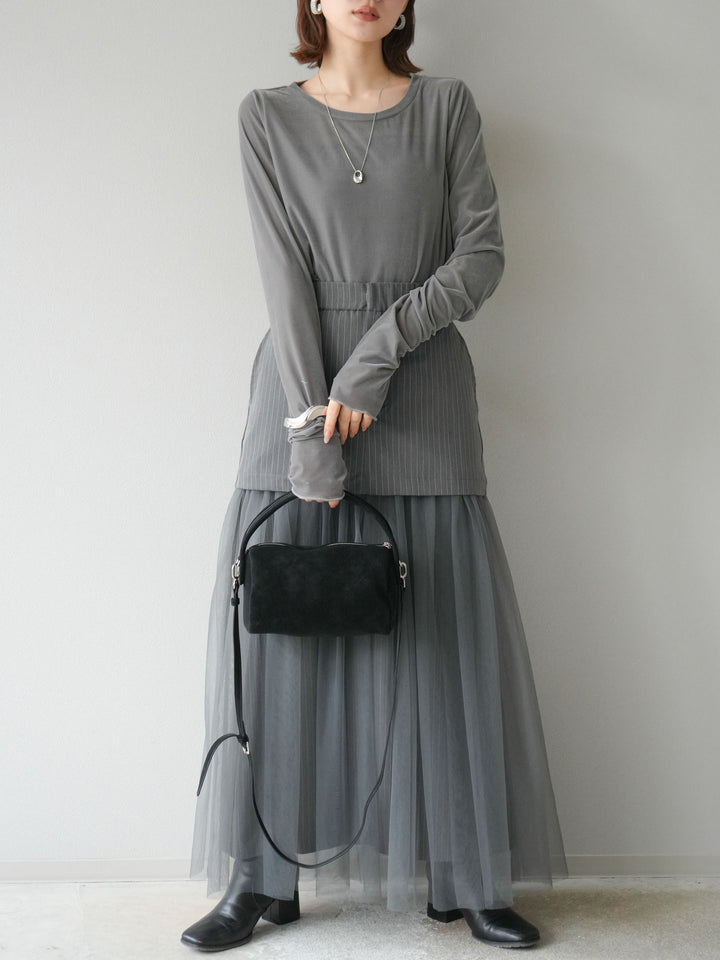 [予約]ストライプ切替チュールスカート/グレー