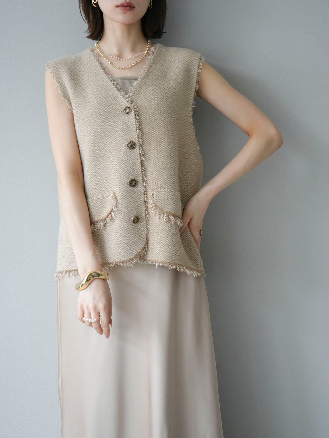 [予約]ツイードライクフリンジニットベスト/ベージュ
