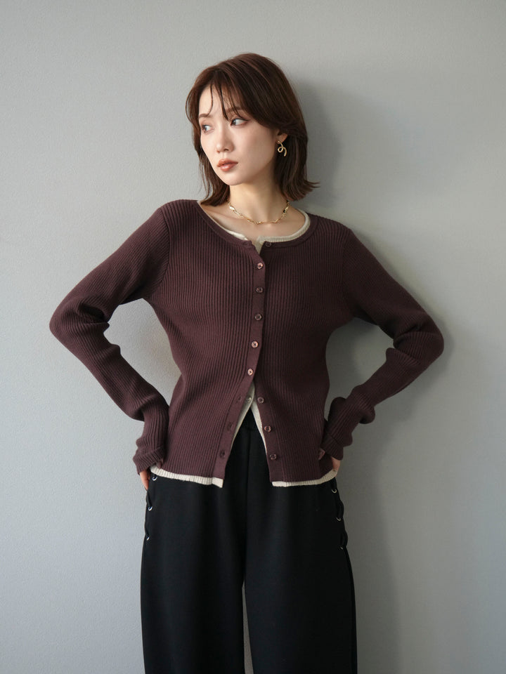 [予約]レイヤード配色ニットカーディガン/ブラウン