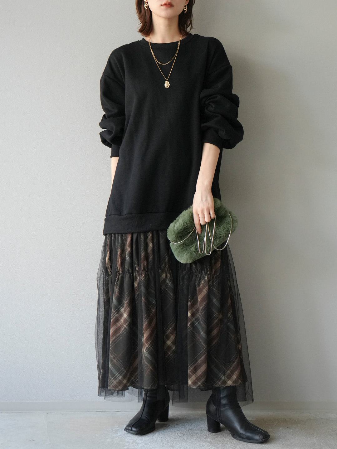 [予約]スウェットドッキングチェック柄レイヤードワンピース/ブラック