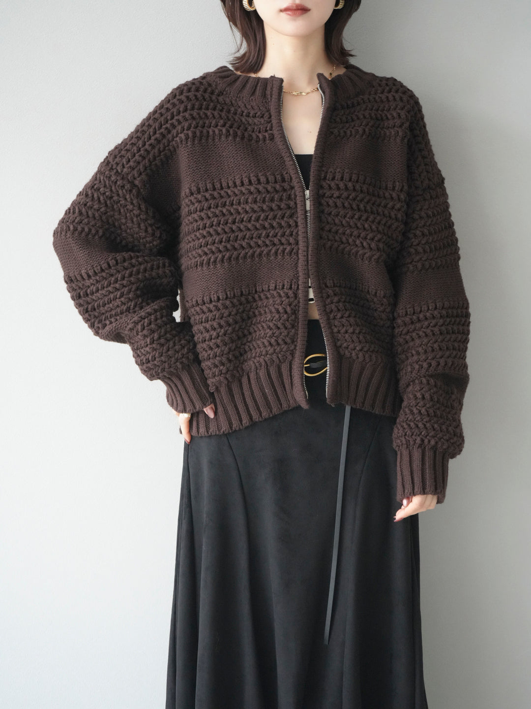 [予約]ケーブル編みZIPニットカーディガン/brown