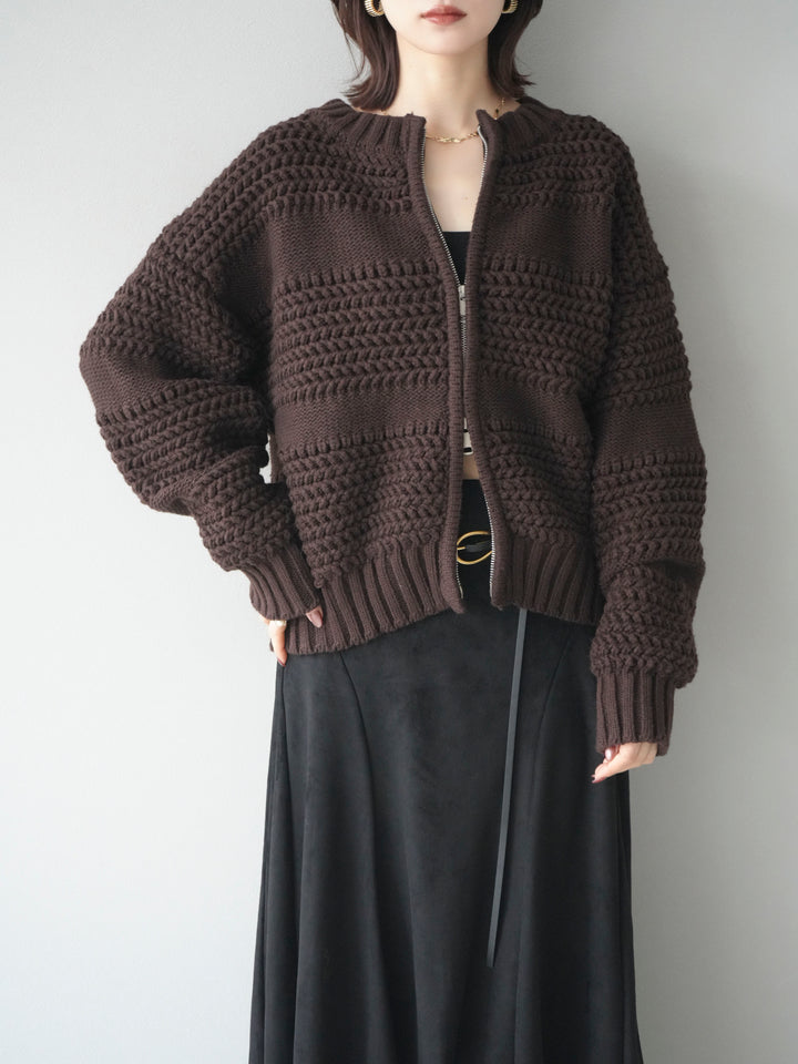 [予約]ケーブル編みZIPニットカーディガン/brown