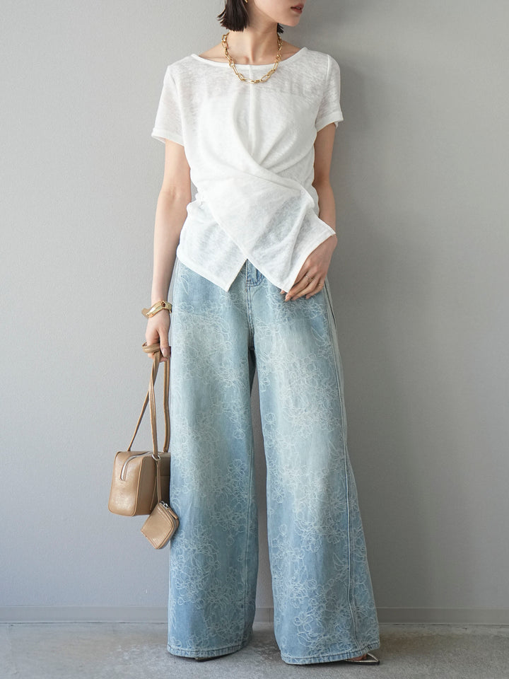 【預購】花提花牛仔寬褲/藍