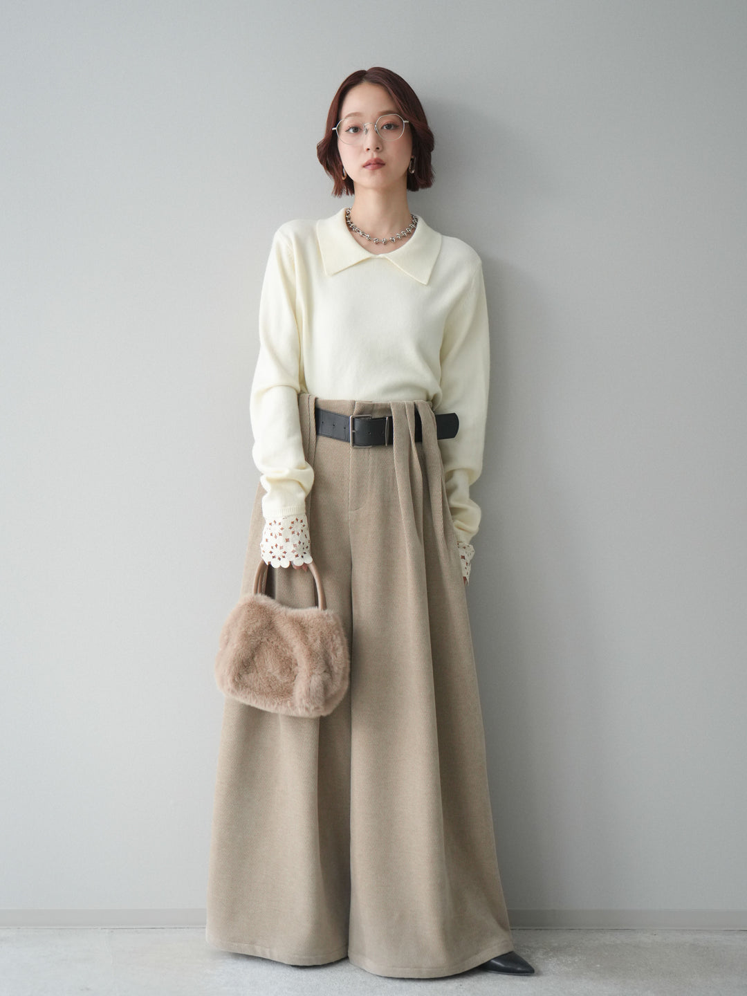 [SET]スカラップレース袖襟付きニットトップス+選べるアクセセット(2set)