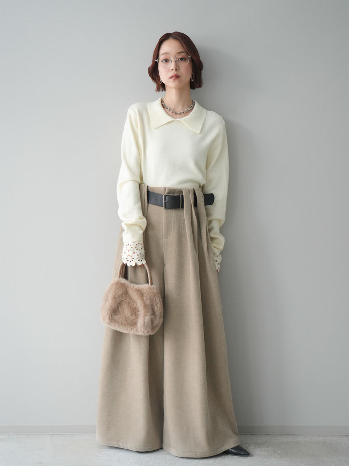 [SET]スカラップレース袖襟付きニットトップス+選べるアクセセット(2set)