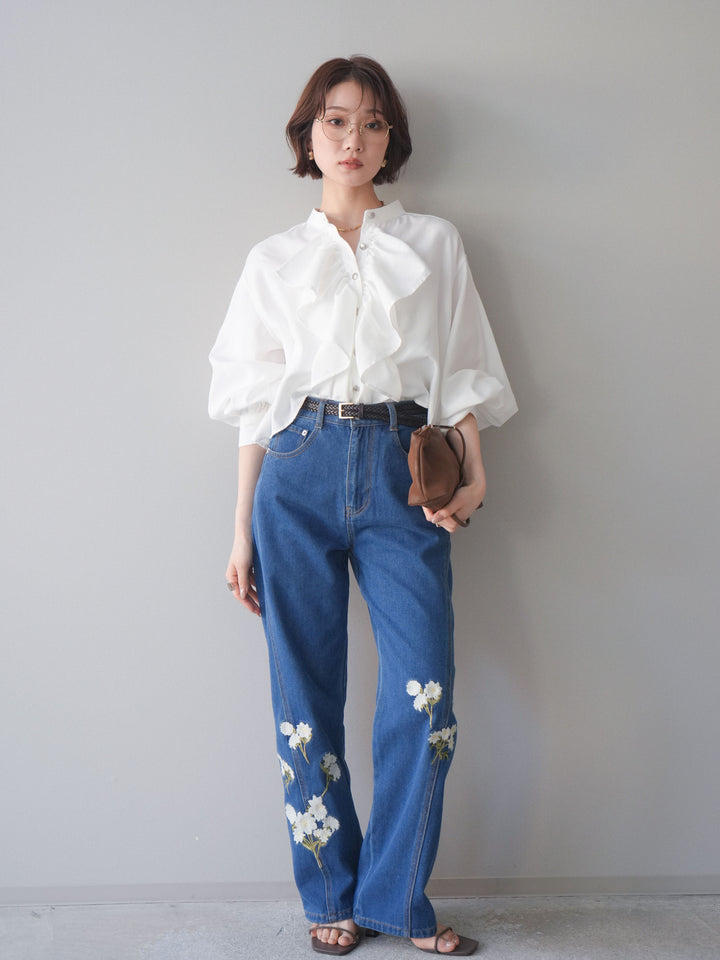 [SET]ラッフルフレアショートブラウス+フラワー刺繍ストレートデニム(2set)