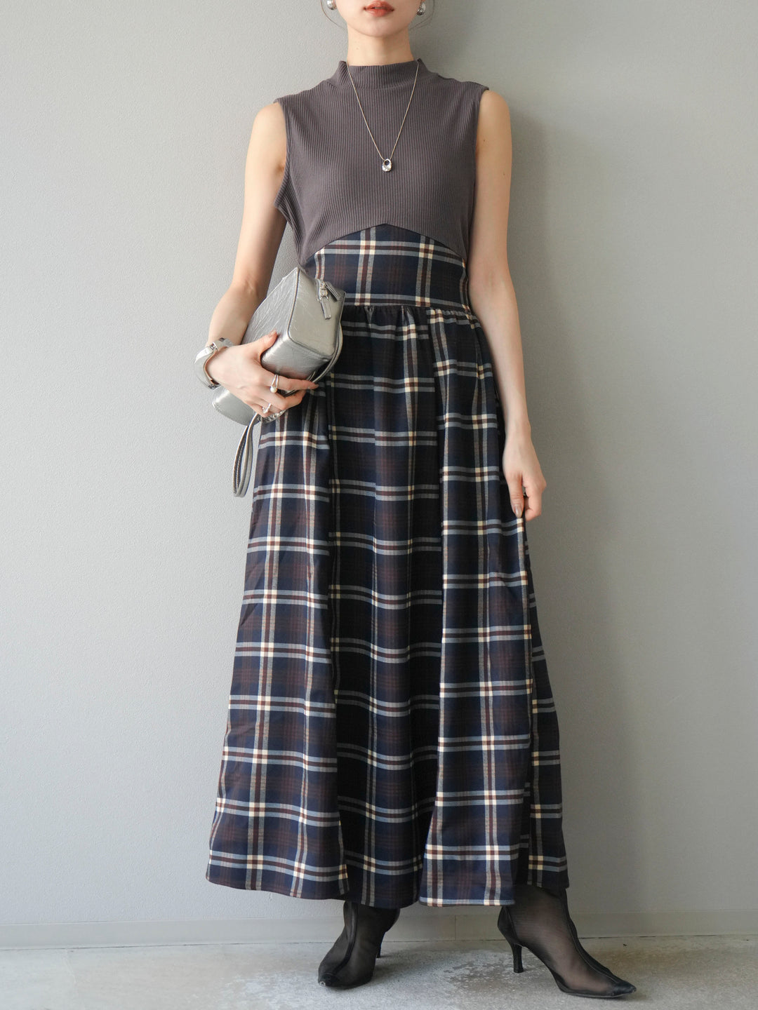 [SET]テレコ×チェックドッキングノースリワンピース+選べるアクセセット(2set)