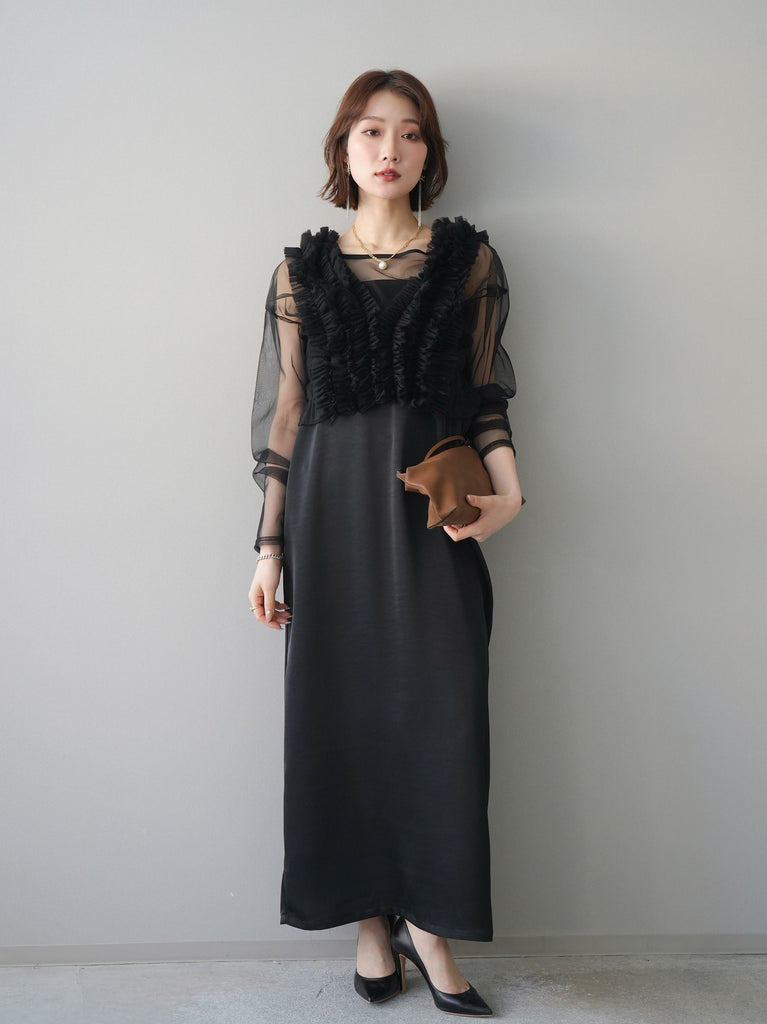 予約]チュールフリルアンサンブルキャミソールドレス 3点SET/black