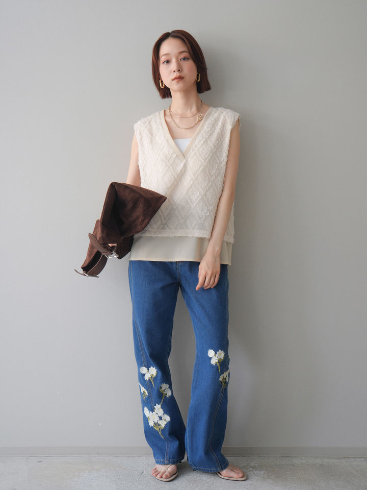 [SET]フリンジレイヤードVネックノースリーブ+フラワー刺繍ストレートデニム(2set)