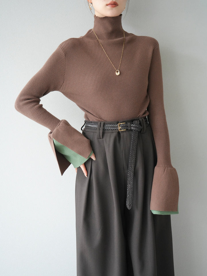 [予約]レイヤードフレアスリーブハイネックニットトップス/ブラウン