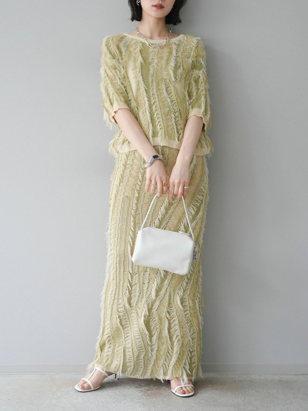 [予約]ミックスヤーンフリンジタイトスカート/グリーン