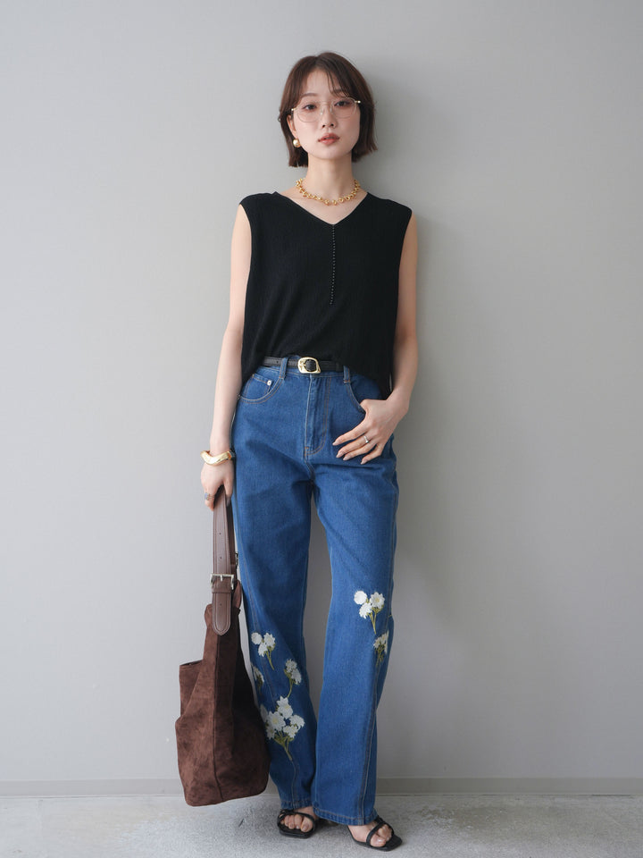 [SET]パールデザインVネックニットトップス+フラワー刺繍ストレートデニム(2set)