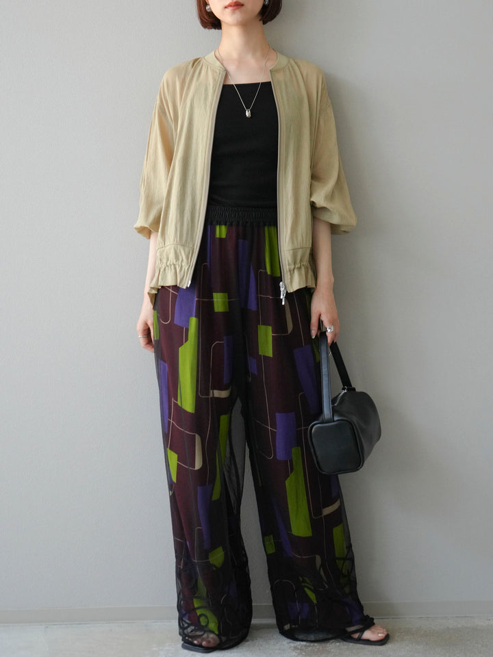 [予約]レーヨンフレックススラブレトロ柄ストレートパンツ/ワイン