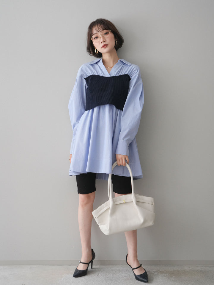 [予約]ニットビスチェドッキングフレアシャツチュニック/stripe