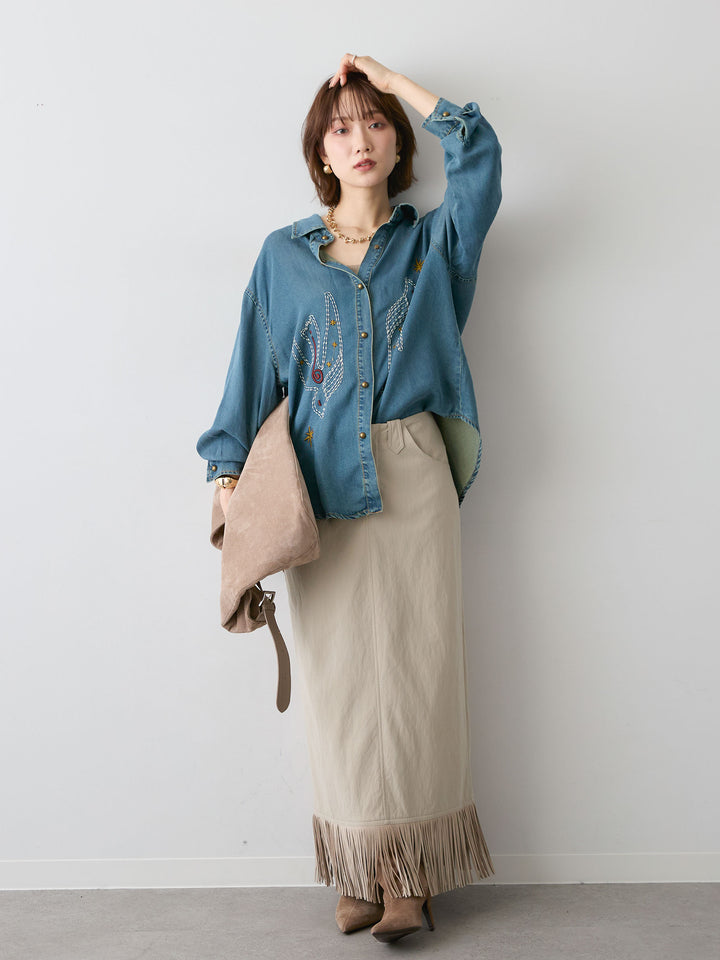 [SET]モチーフ刺繍デニムシャツ+レザータッチフリンジスカート(2set)