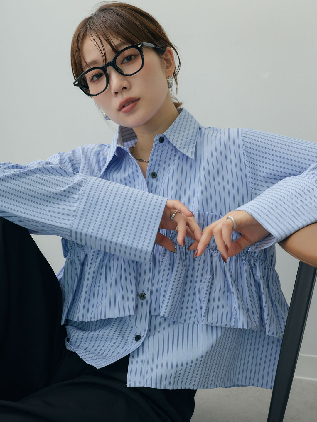[SET]ストライプフリルシャツ+ベルトループデザインワイドパンツ(2set)