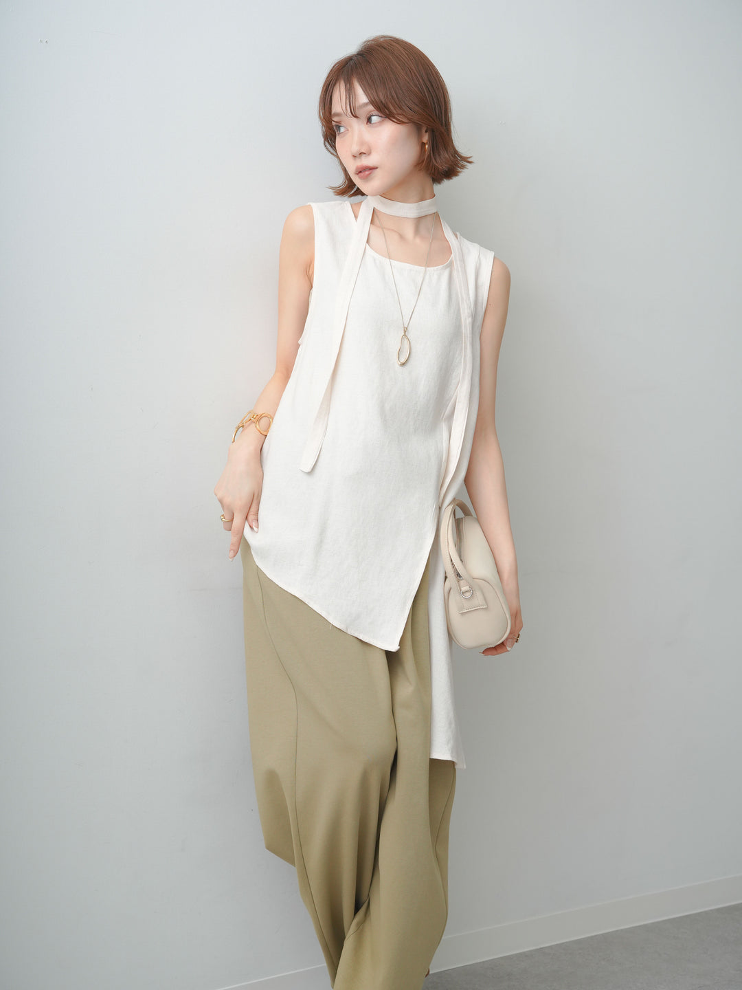 [SET]タイ付アシメヘムノースリトップス+リラックスドレープスウェットパンツ(2set)