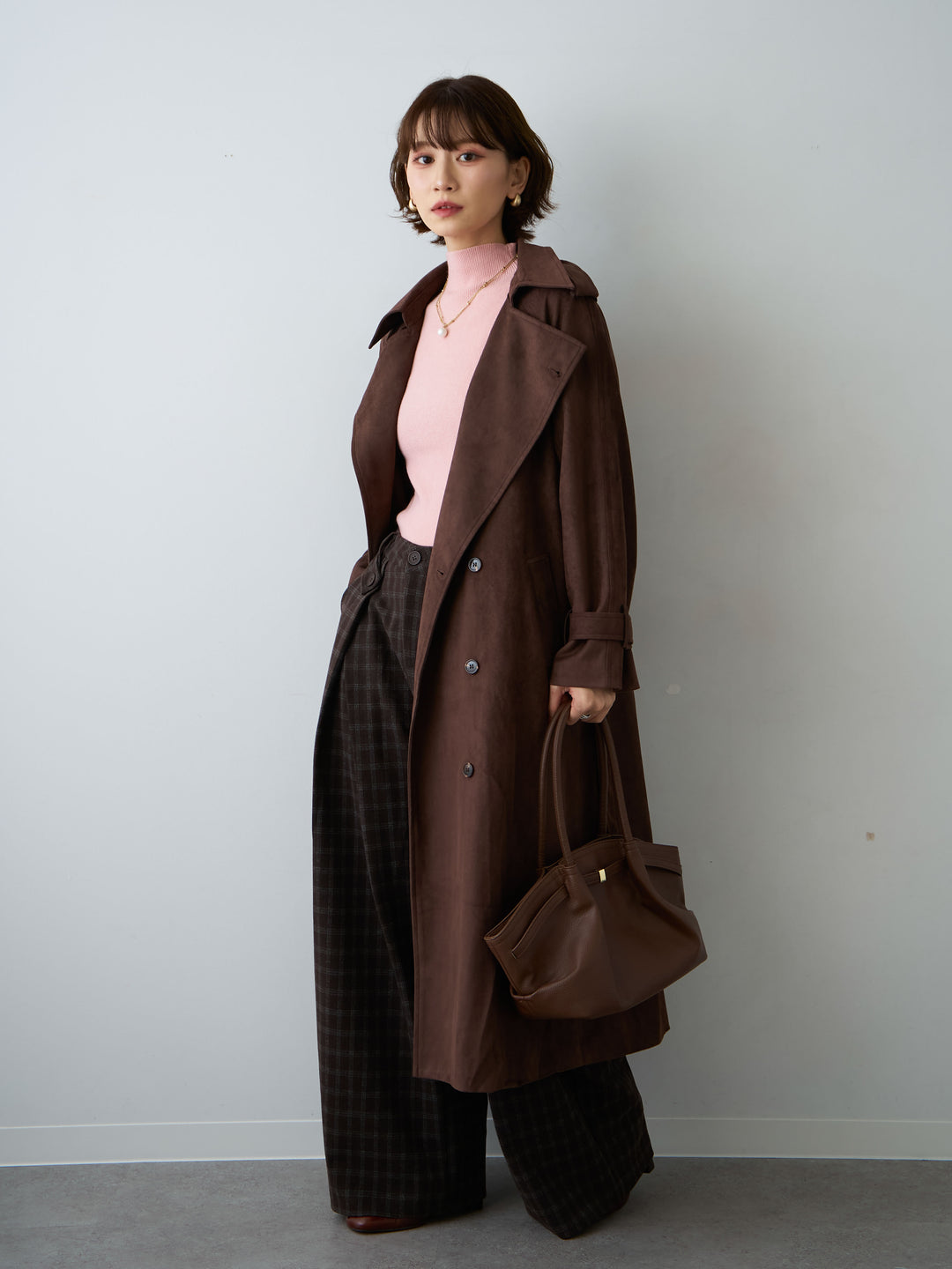 [SET]スウェードタッチロングトレンチコート+リブモックネックニットトップス(2set)