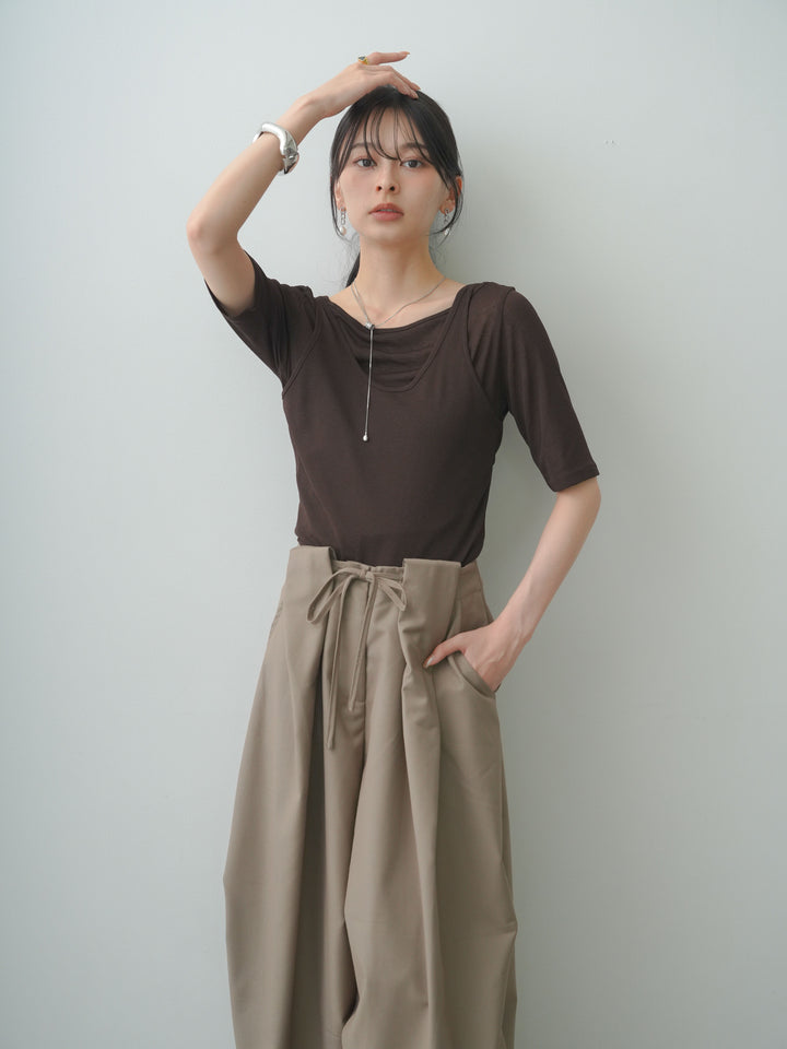 [SET]前後2wayシアーアシメレイヤード風TEE+ベルトループカーブタックワイドパンツ(2set)