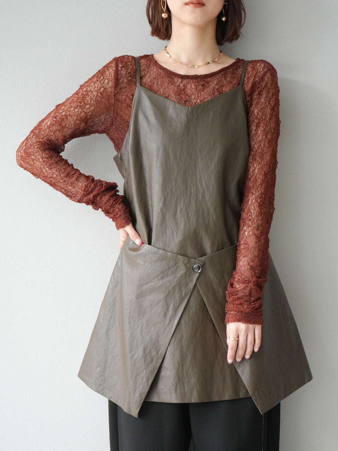 [予約]レイヤードレザーキャミソールチュニック/ブラウン