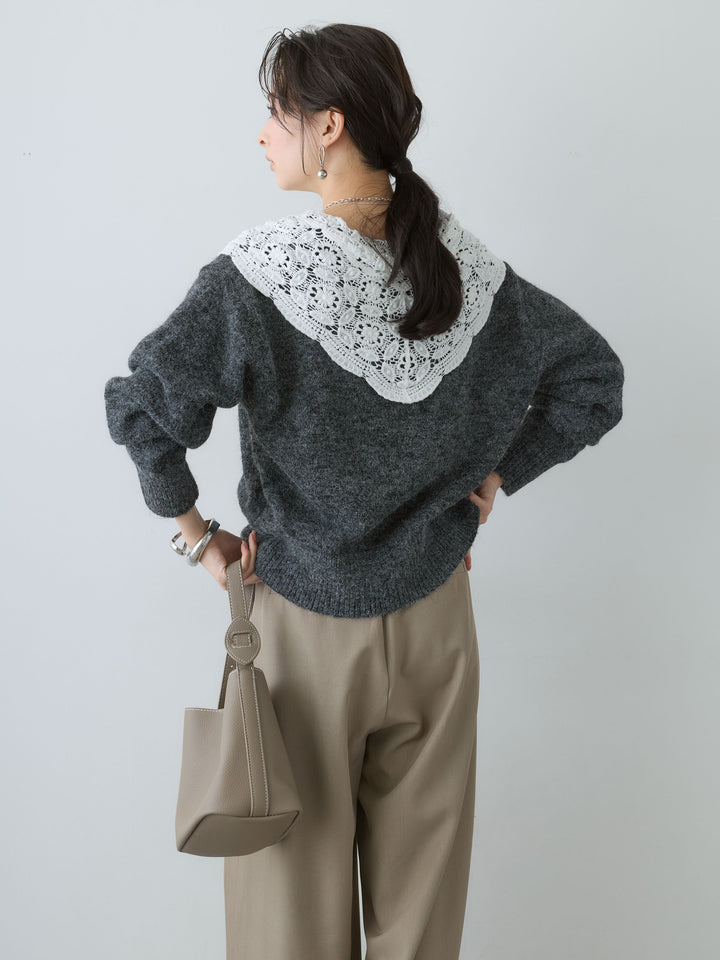 [SET]モヘアレースショールカラーカーディガン+ツイルタックワイドパンツ(2set)
