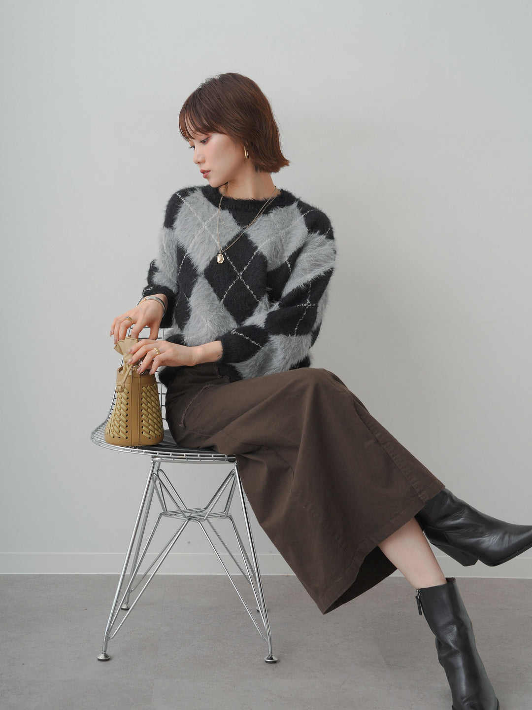 [予約]アーガイルシャギーニットトップス/black