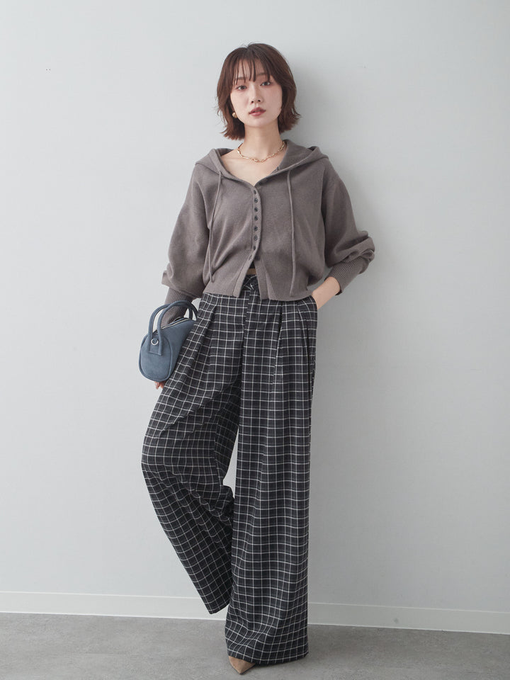 [SET]ボリュームスリーブフードニットカーディガン+チェックドレープワイドパンツ(2set)