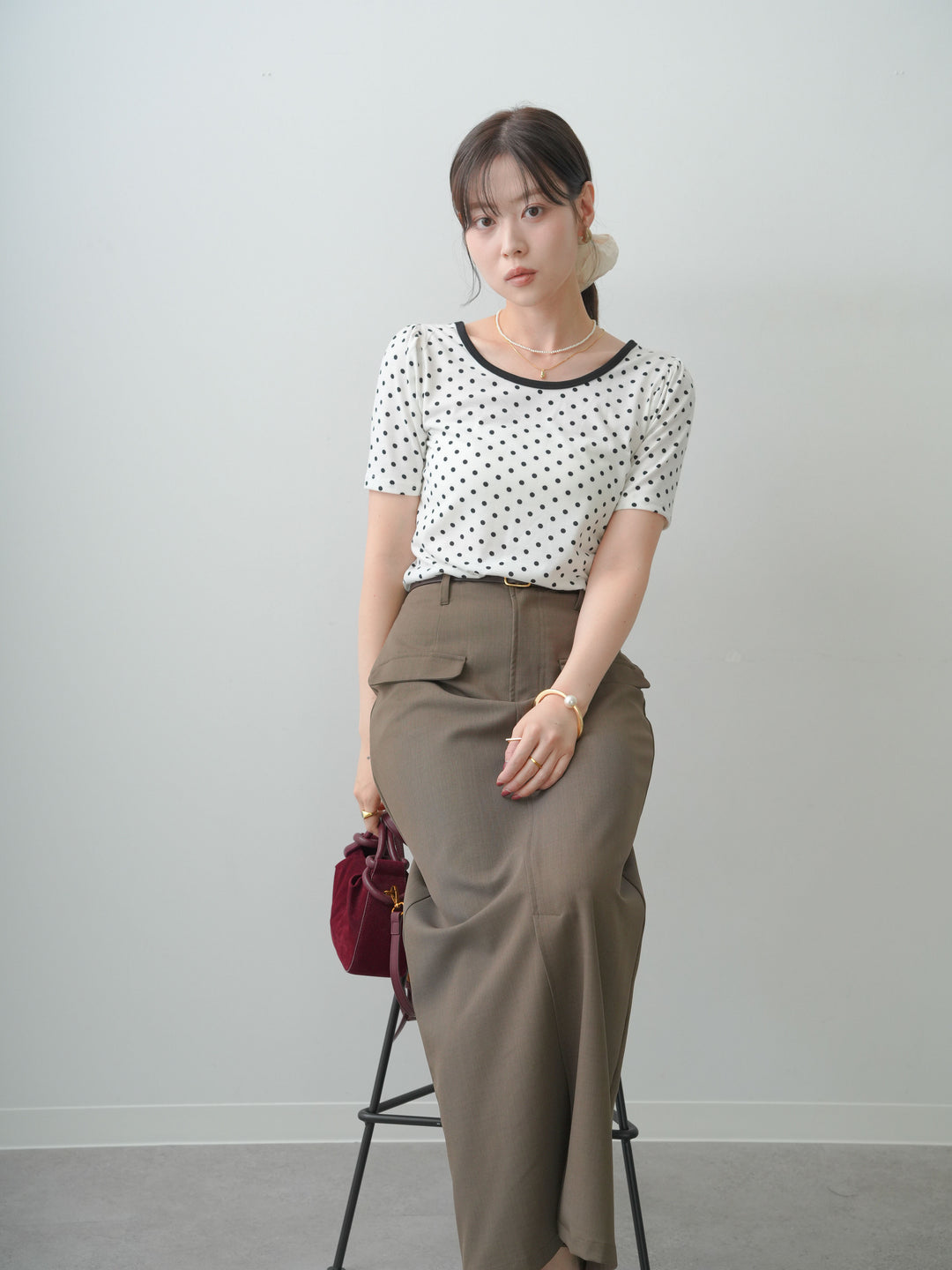 [SET]前後2wayドットバイカラーパイピングTEE+クレープデシンフラップ付きストレートスカート(2set)