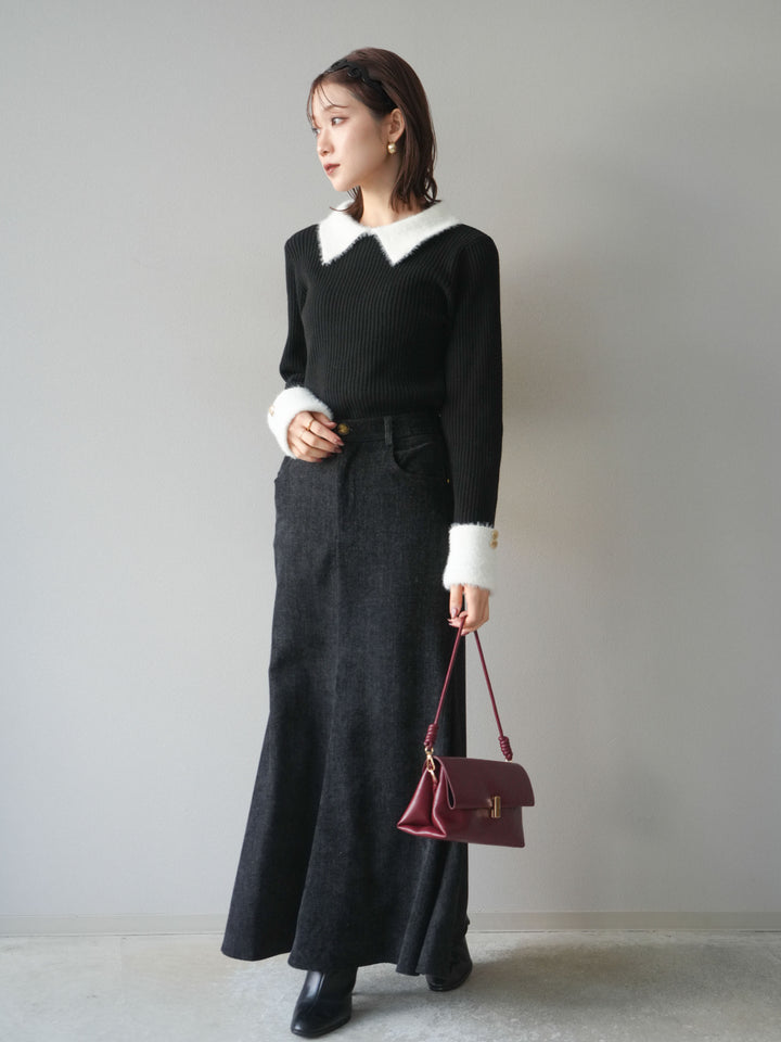 [SET]シャギー襟リブニットトップス+ベルベットマーメイドスカート(2set)