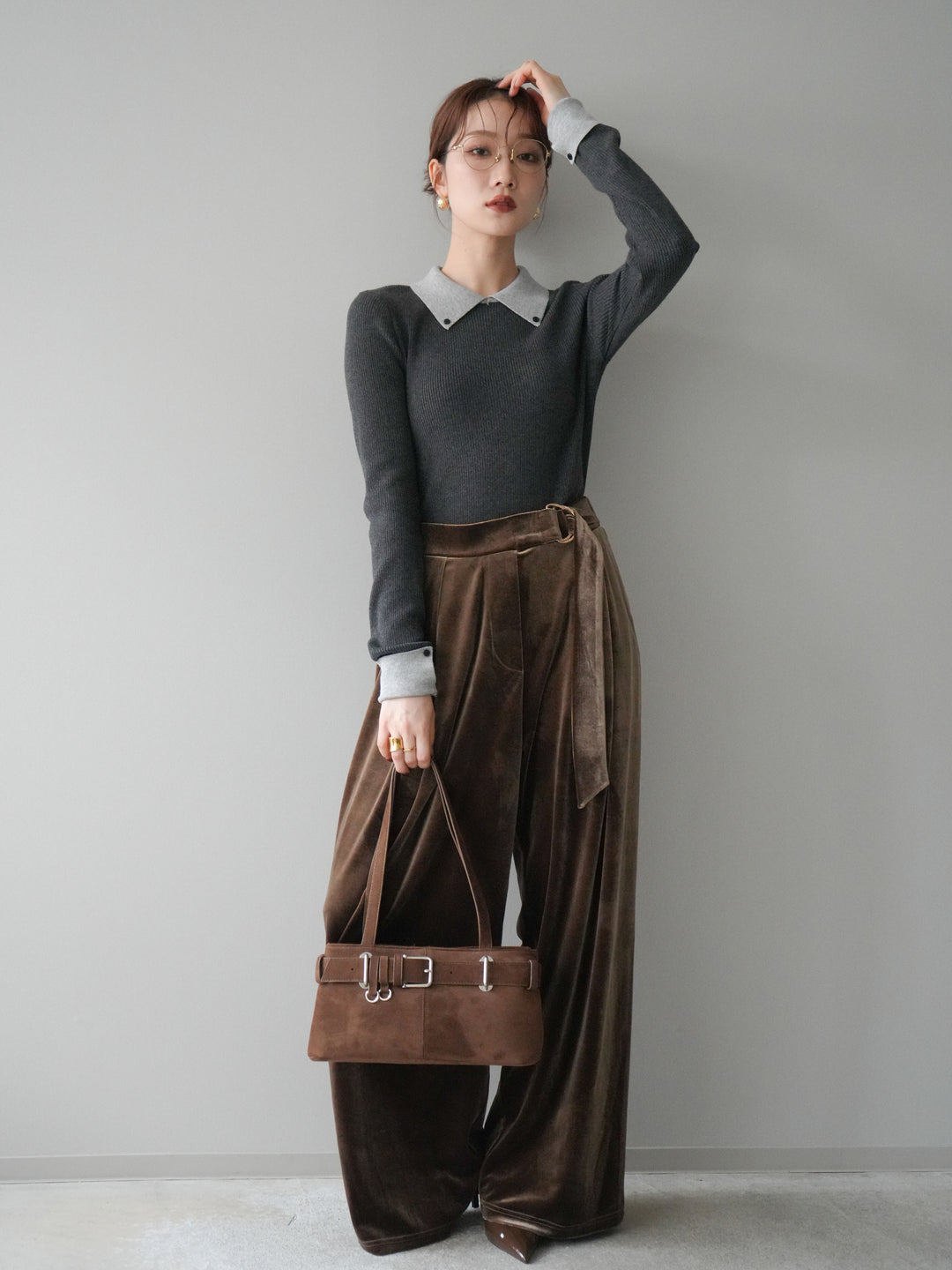 [予約]ベロアベルトスリムパンツ/camel